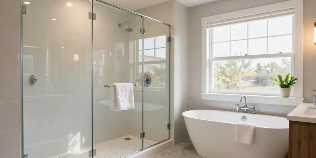 Stylish walk-in shower and luxury bathtub in a kirkland bathroom remodeling project.