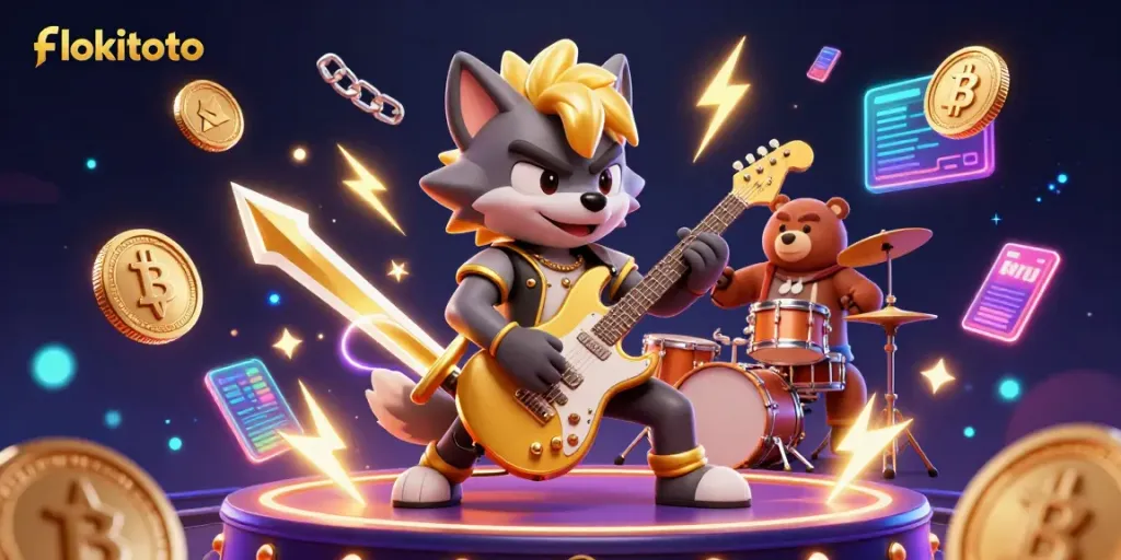 Engage with flokitoto's vibrant casino scene featuring a wolf rock star and a bear drummer amid neon coins and energy.