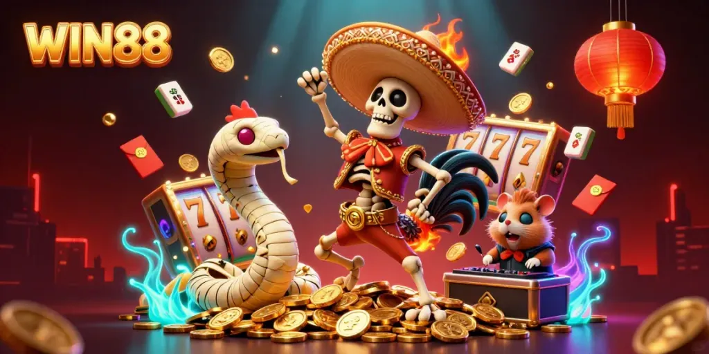 Experience the vibrant world of WIN88 with festive characters celebrating around slot reels and lucky symbols.