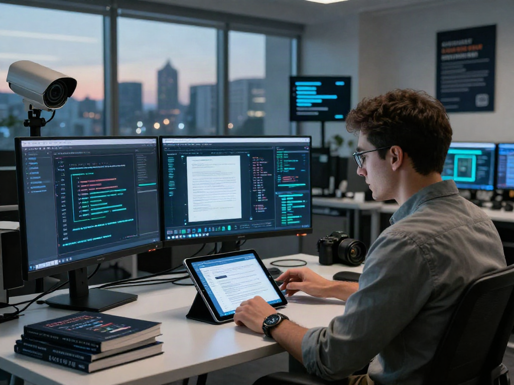 Cybersecurity analyst utilizing a document fraud detection solution in a modern office setup, showcasing advanced digital analytics.