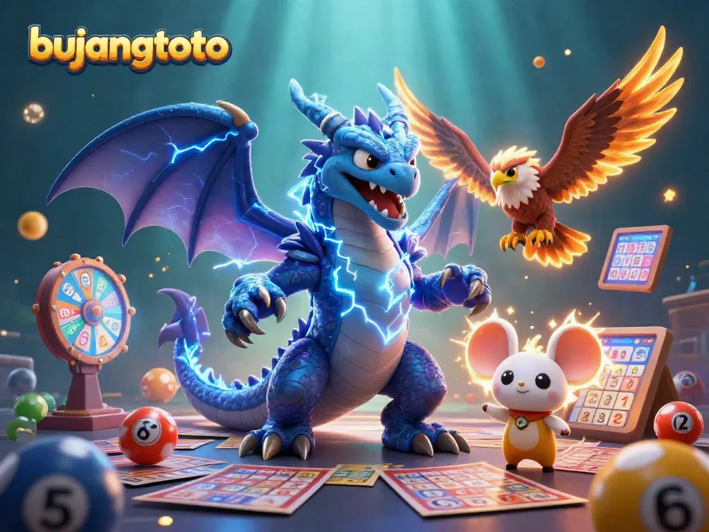 Join the excitement of bujangtoto with vibrant lottery and bingo elements, creating a lively gambling scene.