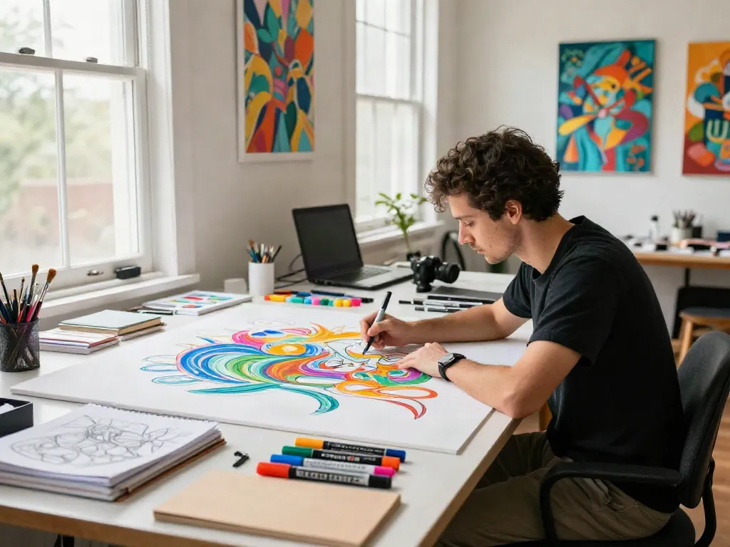 Marker pen supplier showcasing artist using colorful markers in a creative workspace