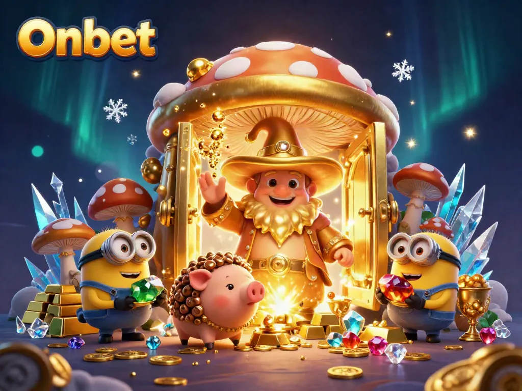 Experience Onbet's enchanting world with a golden mushroom wizard, treasure, and stunning gems in a casino setting.