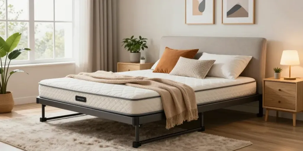 Inviting bedroom with a folding bed with mattress, plush decor, and natural lighting.