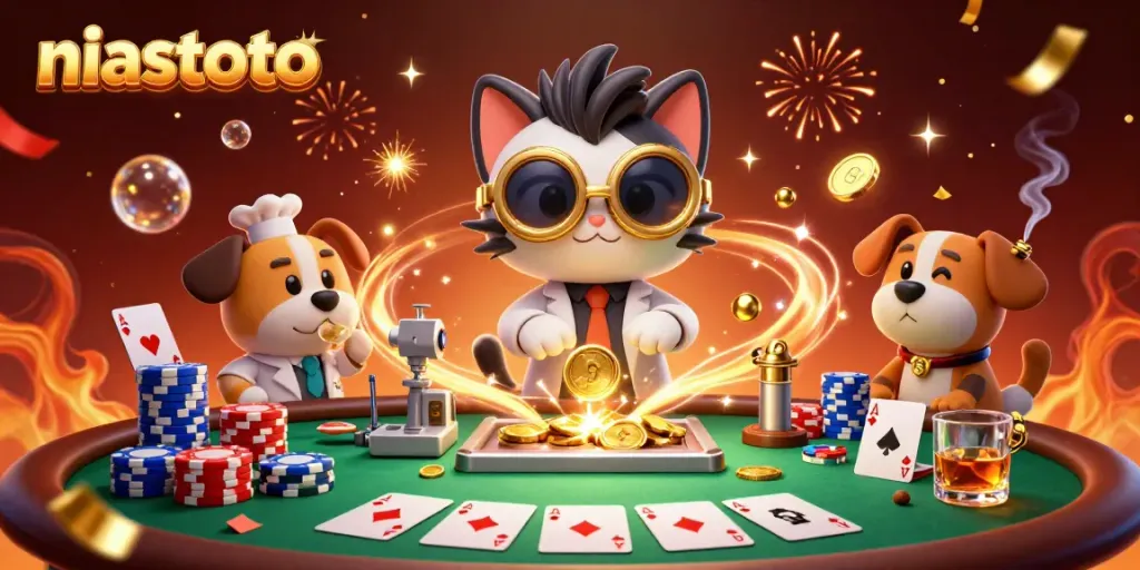 Experience excitement with niastoto as a cartoon scientist and dog create a gold coin machine.