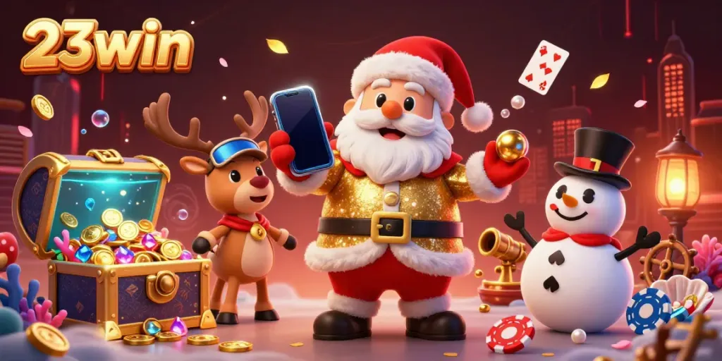 Join the excitement at 23win where Santa Claus celebrates big wins in a vibrant casino atmosphere.