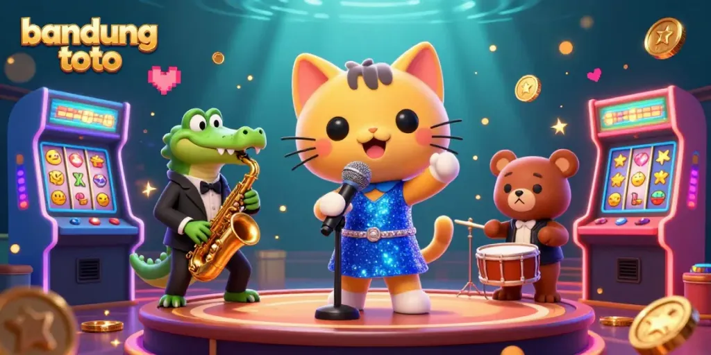 Experience the thrill of bandung toto with vibrant 3D characters in a lively casino scene showcasing slot machines and glowing arcade elements.