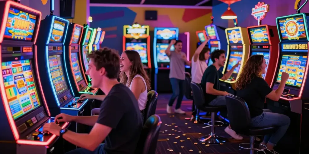 Engaged players enjoying diverse slot machines in a vibrant arcade.