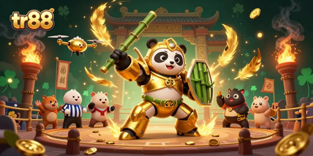 Engage in thrilling gameplay with tr88 featuring a dynamic scene of golden panda in a mech-suit