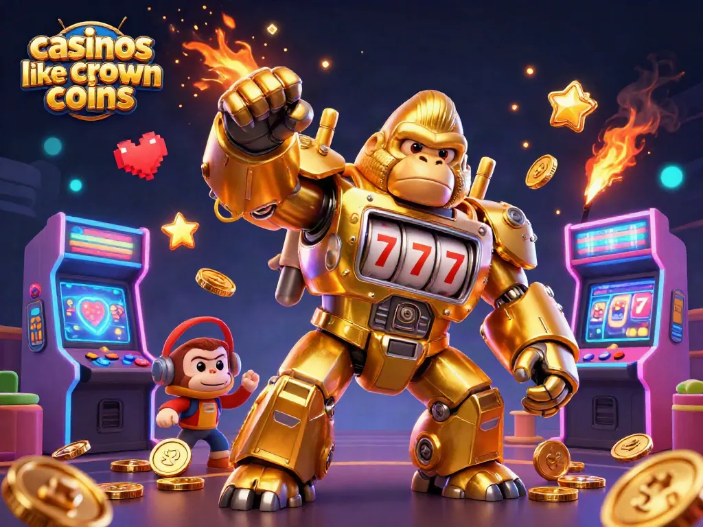 Experience thrilling gameplay at casinos like Crown Coins with a dynamic 3D gorilla mech and vibrant game elements.