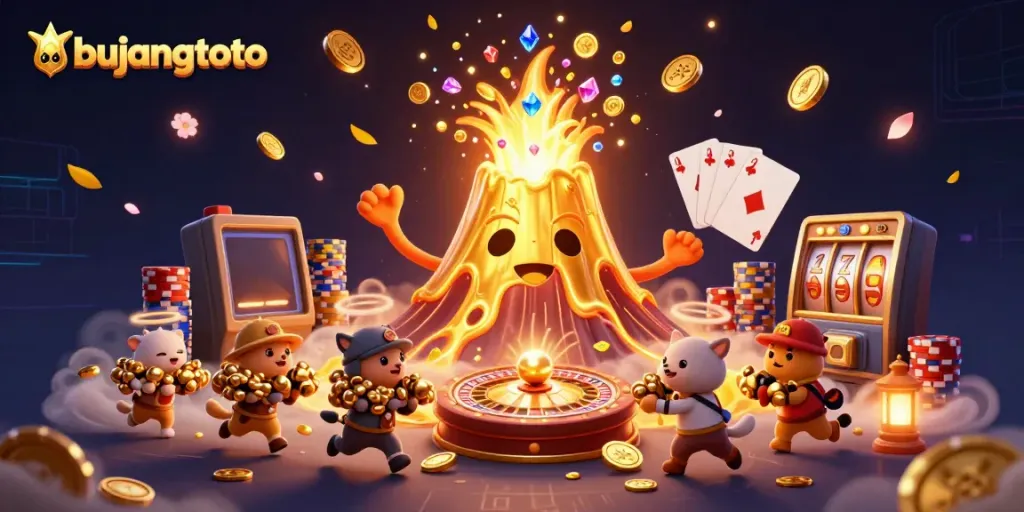 Experience the excitement of bujangtoto with vibrant treasures and dynamic gaming elements swirling around.