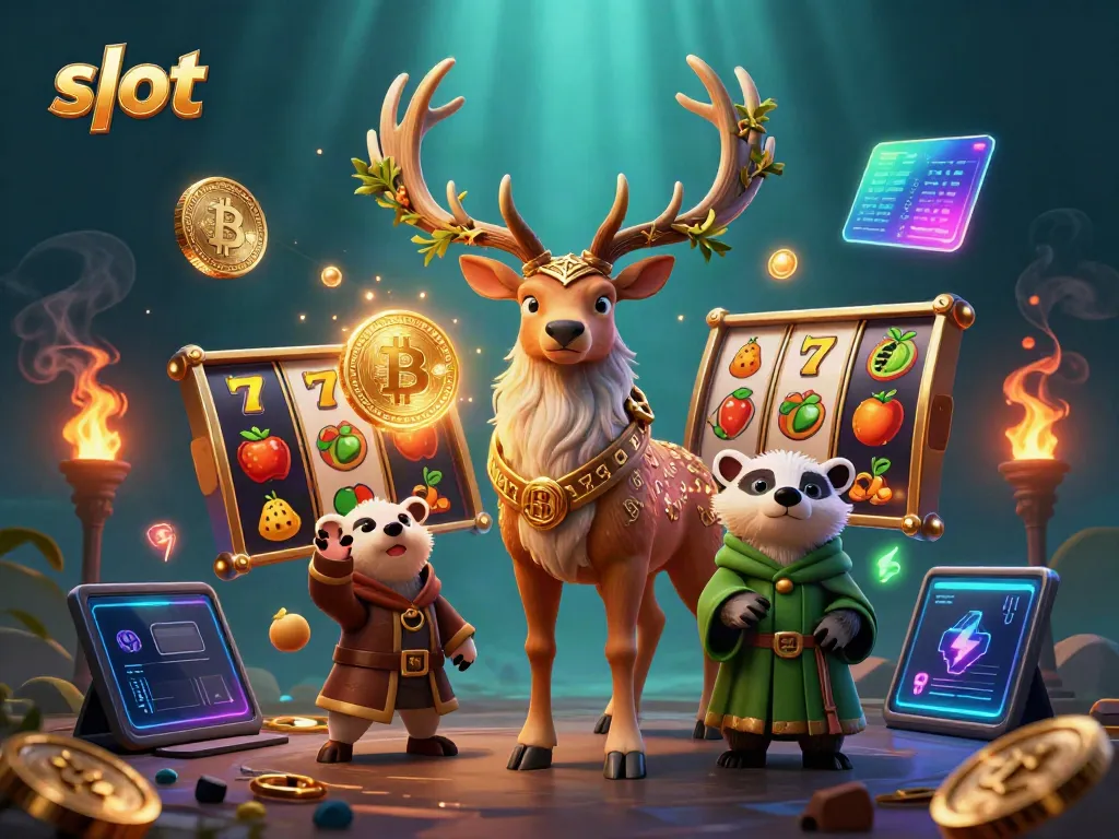 Experience the excitement of slot games with an illustrated scene of a Celtic stag and badger surrounded by vibrant casino elements.
