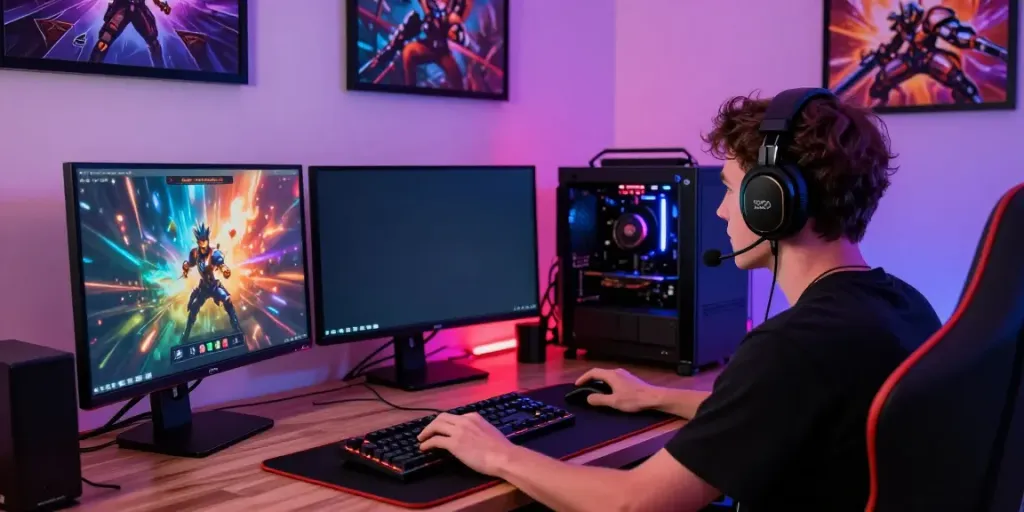 Engaged player using batman138login in a vibrant gaming setup with colorful graphics.