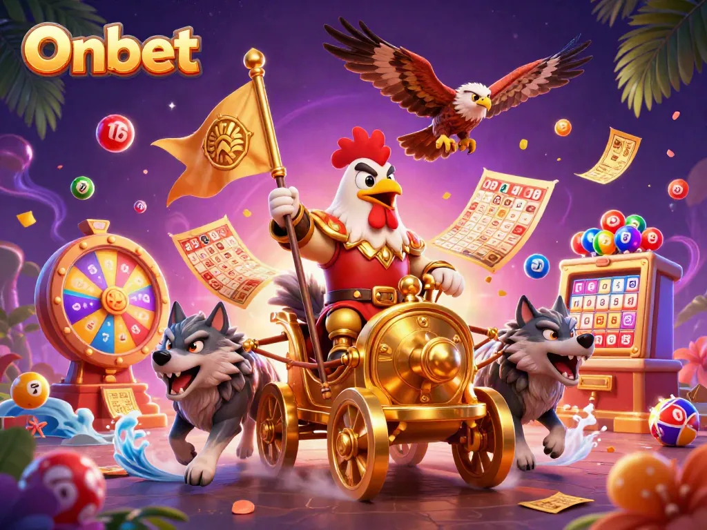 Engage with Onbet's exciting gaming world featuring a rooster warlord, lottery balls, and golden prizes.