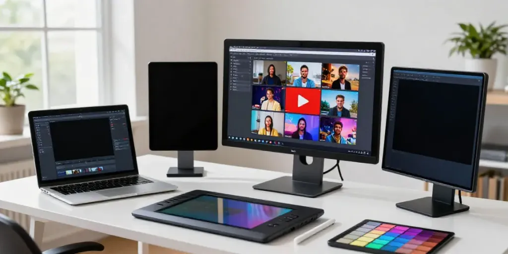 Creative professional using an AI thumbnail generator for vibrant YouTube designs in a modern workspace