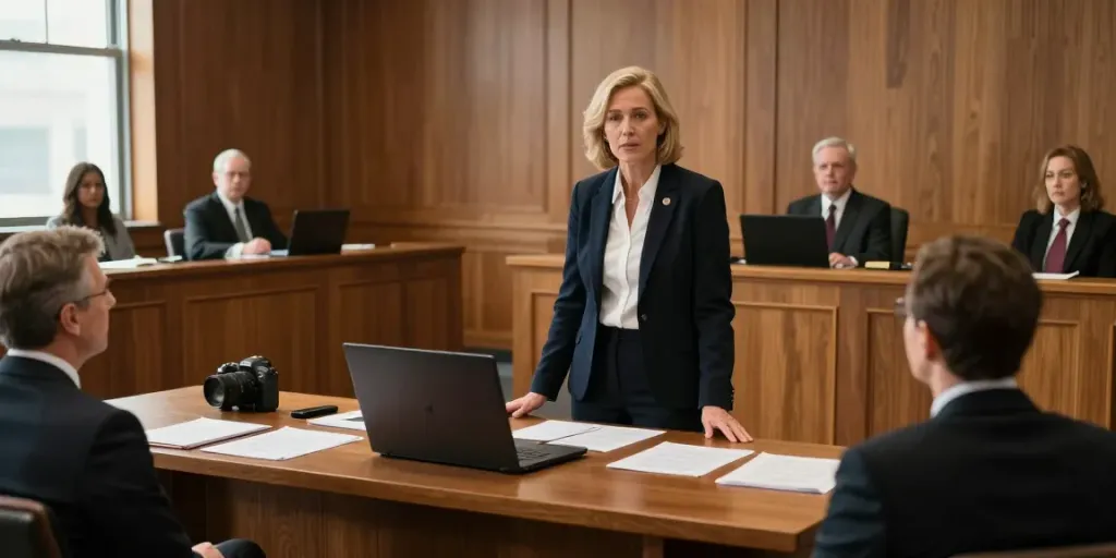 Karen McCleave crown attorney presenting in a dynamic courtroom setting, demonstrating legal expertise and dedication.