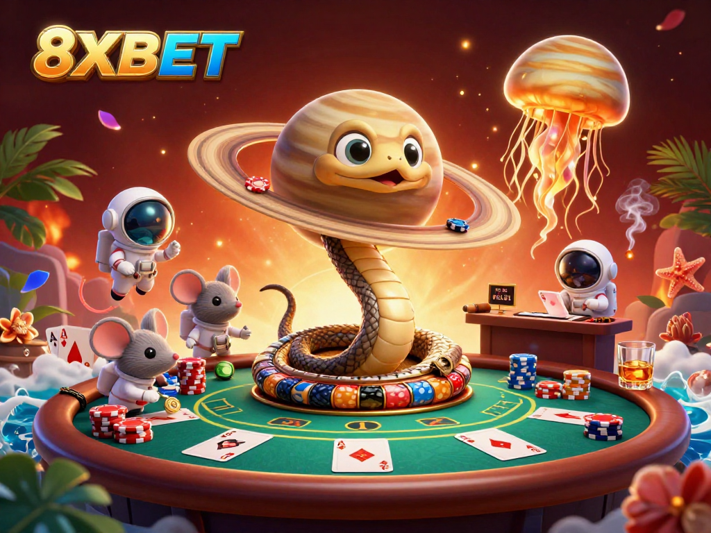 Engage in high-stakes action with 8XBET, where cartoon characters interact in a vibrant cosmic casino scene.