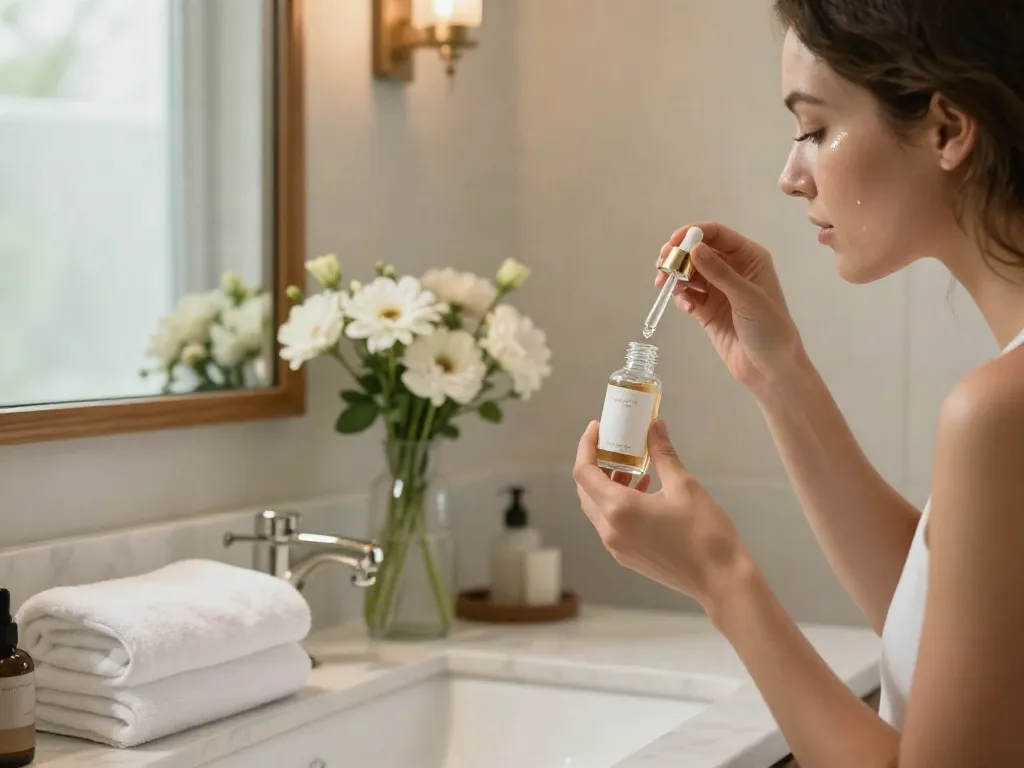 Applying glow peptide serum in a serene bathroom setting, showcasing radiant skin.