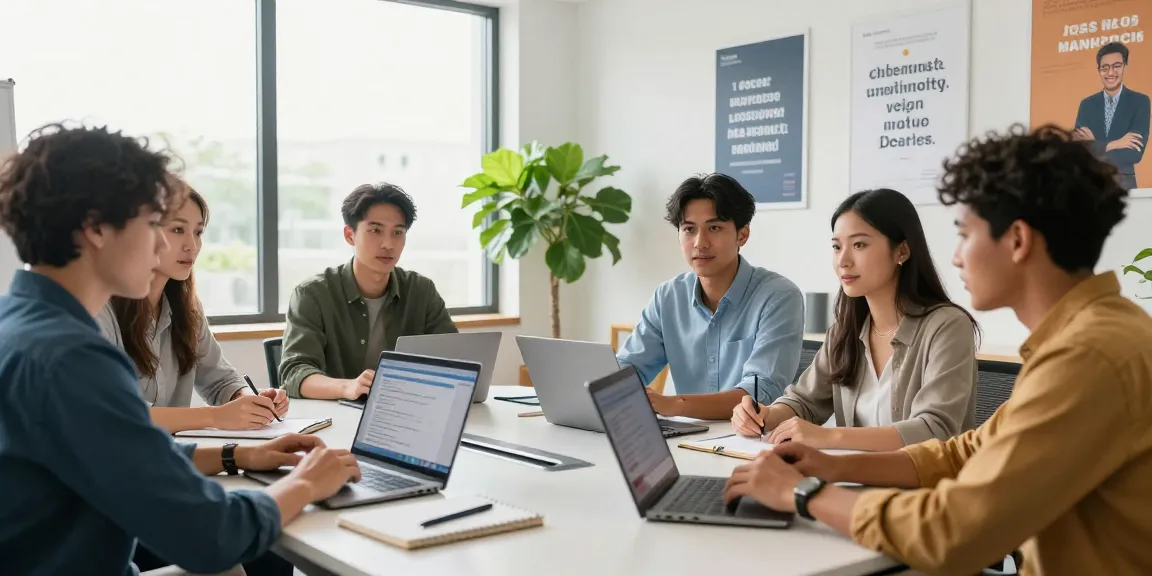 Engaged young professionals collaborating in a dynamic job search environment focusing on หางาน opportunities.