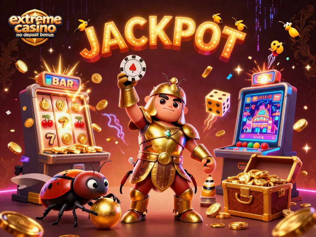 Experience the excitement of extreme casino no deposit bonus with vibrant 3D illustration of beetles in action.