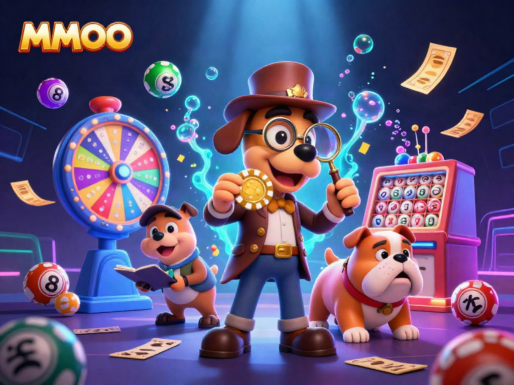 Engage with exciting MMOO gaming adventures featuring a detective and his bulldog companion with colorful casino elements.