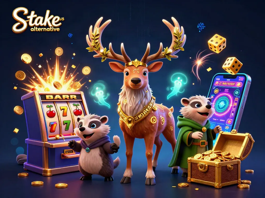 Experience the thrill of gaming with stake.us alternative in this vibrant, 3D casino scene.
