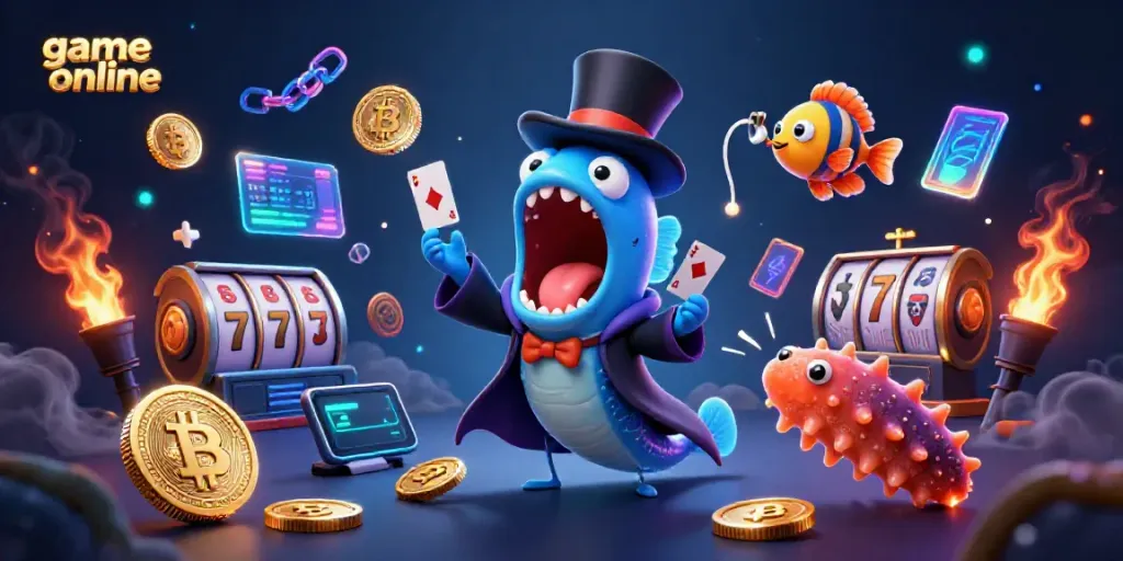 Experience thrilling game online action with a vibrant casino-themed 3D illustration featuring playful sea creatures.