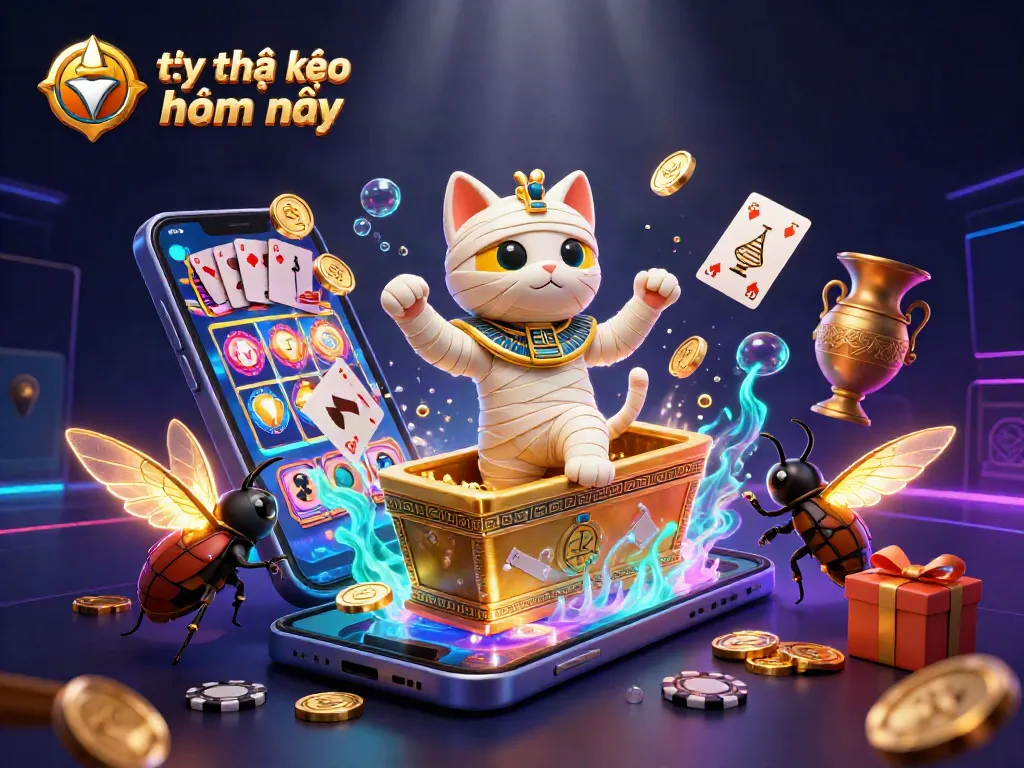 Experience the excitement of tỷ lệ kèo nhà cái hôm nay with an engaging cartoon scene featuring a mummy cat and gaming elements.