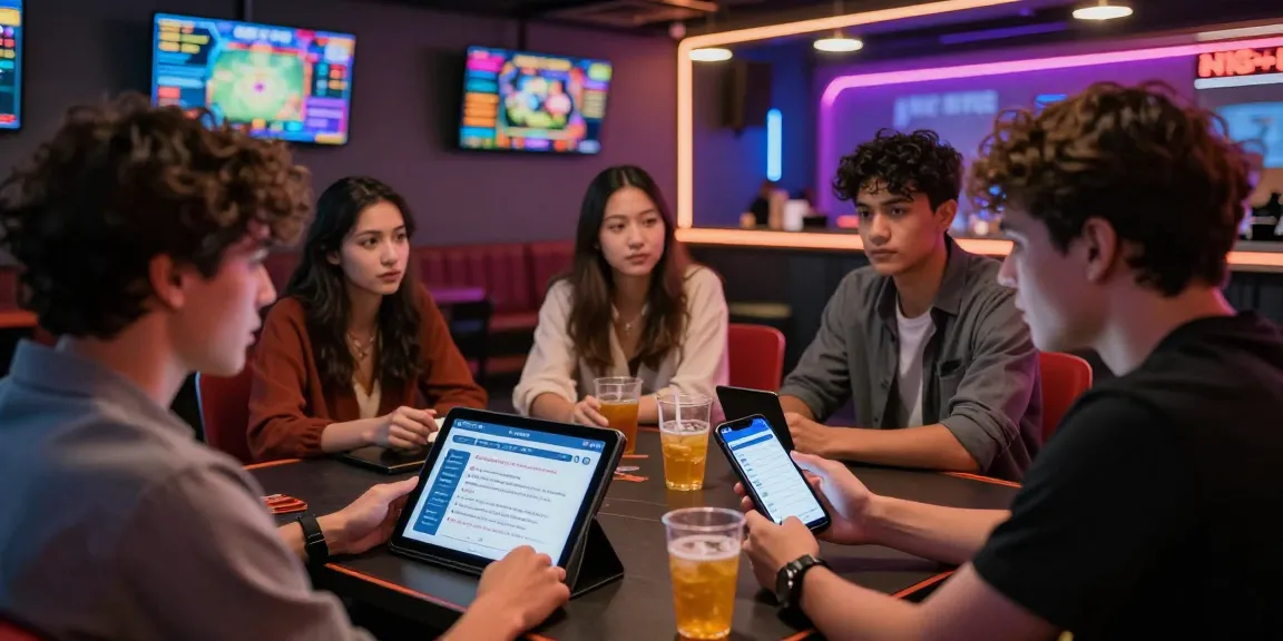 Interactive scene of individuals discussing 먹튀검증 in a lively gaming lounge, showcasing modern betting culture.