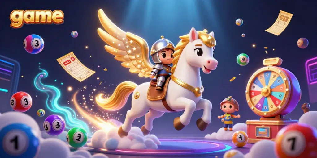 Experience game excitement with a celestial horse and armored knight amidst vibrant gambling elements.