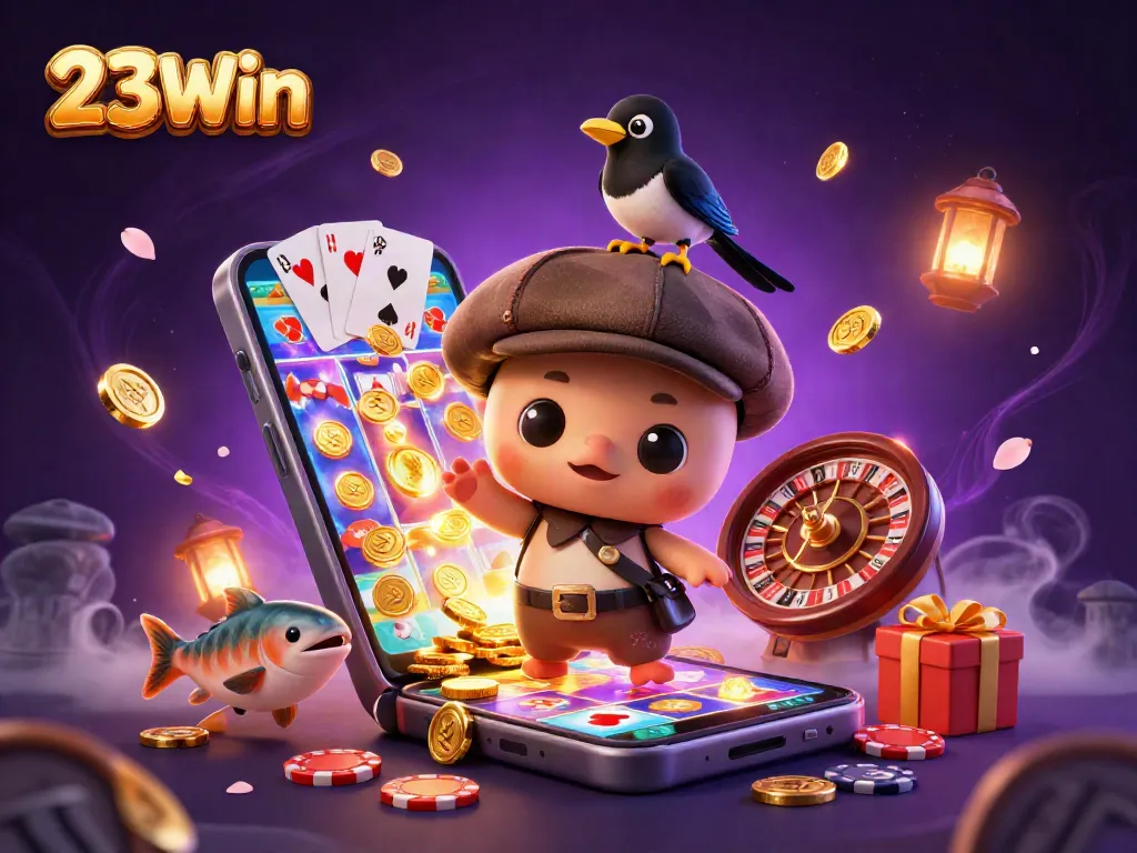 Play vibrant 23Win themed slots with engaging characters in a dynamic 3D scene.