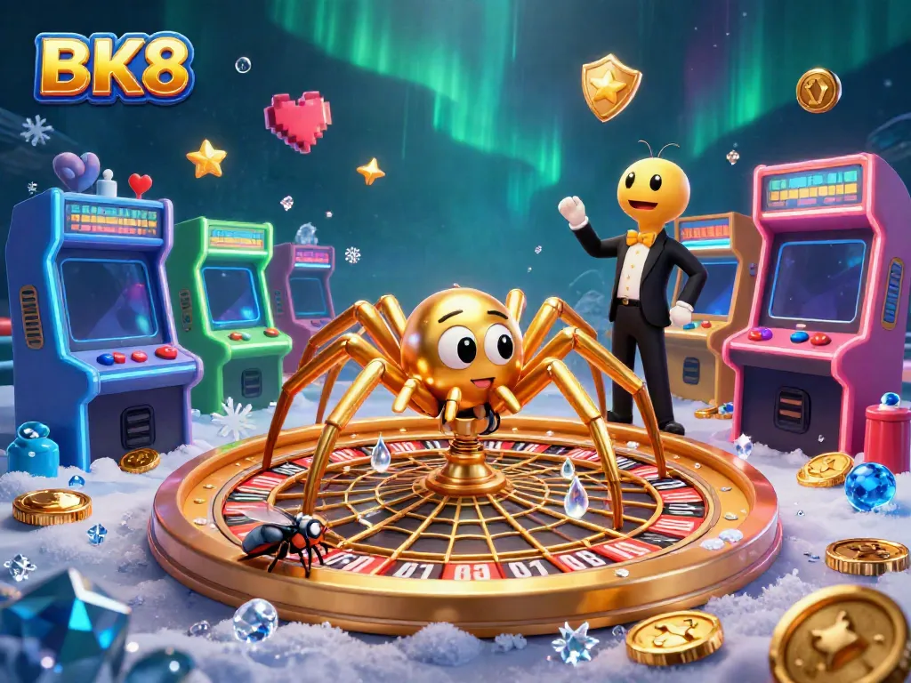 Experience the thrill of BK8 with a unique roulette wheel and engaging casino elements in a cartoon style.