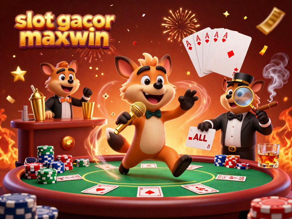 Experience slot gacor maxwin excitement in a vibrant casino with hyenas entertaining and mixing drinks.