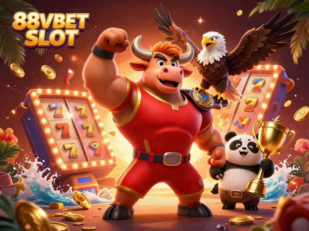 Win big at 88VBET SLOT with vibrant characters celebrating casino success amid dynamic slot elements.