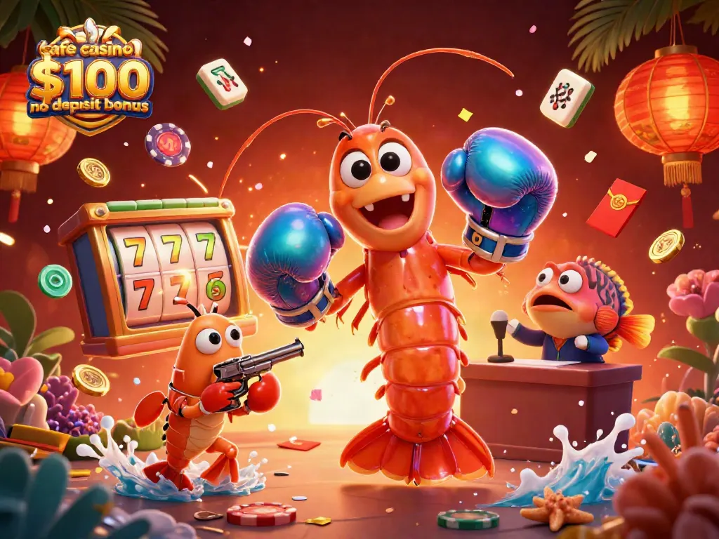 Cafe casino $100 no deposit bonus illustrated with vibrant slot reels and animated characters in a dynamic casino scene.