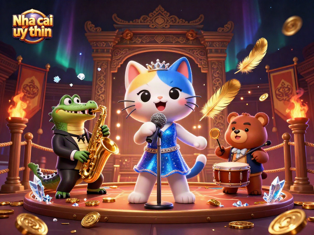 Nha cai uy tin vibrant casino scene with a jazz-singer cat, saxophone crocodile, and drum bear.