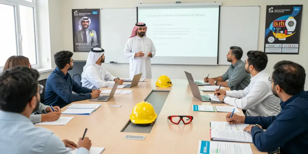 Training Institute Saudi Arabia: Professional HSE training session with diverse participants and engaging instructor in a bright classroom.