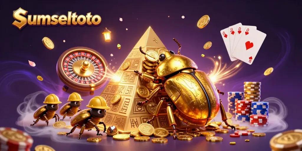 Sumseltoto casino scene with beetles rolling golden coins and vibrant game elements.