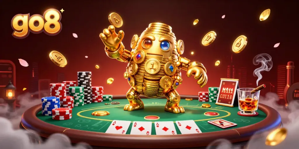 Experience exciting gaming moments with go8 as ancient coin golem and vibrant casino elements converge.