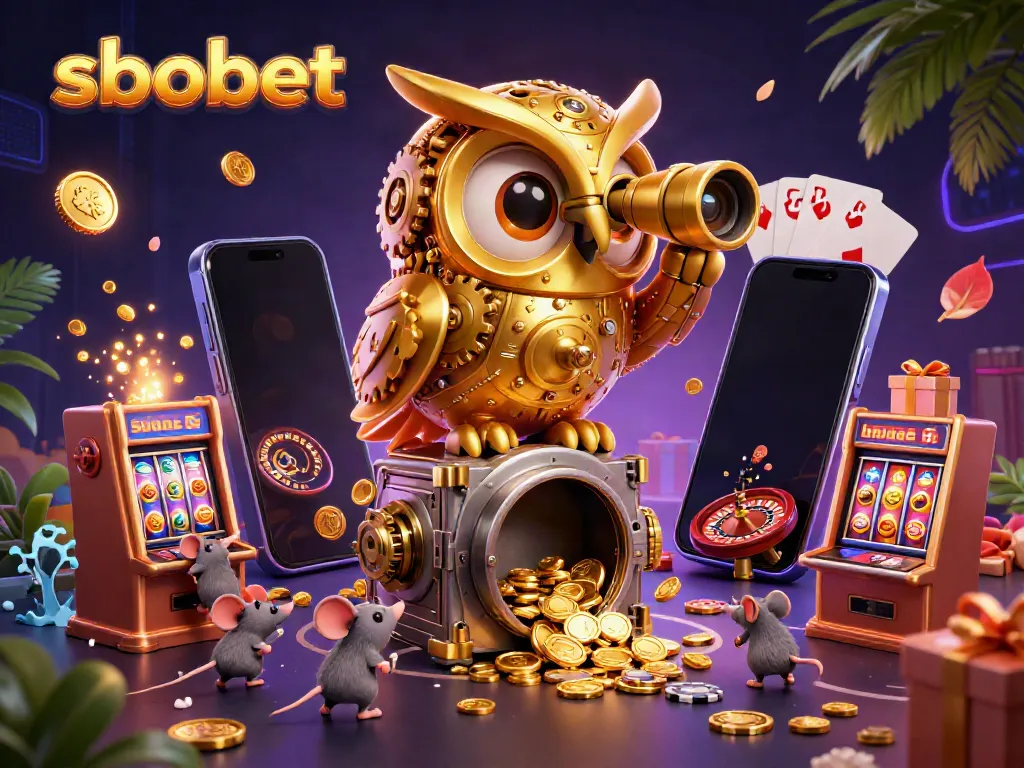 Experience sbobet excitement with a whimsical golden owl character amidst a bustling casino gaming scene.