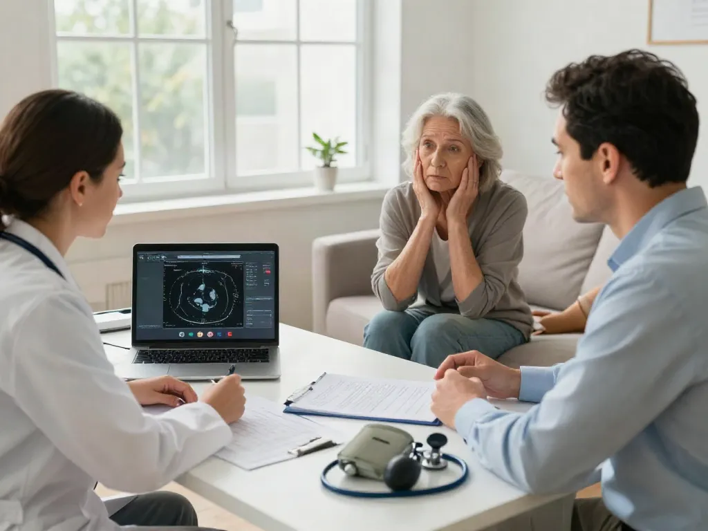 Telestroke virtual consultation between neurologist and patient in a professional healthcare setting.