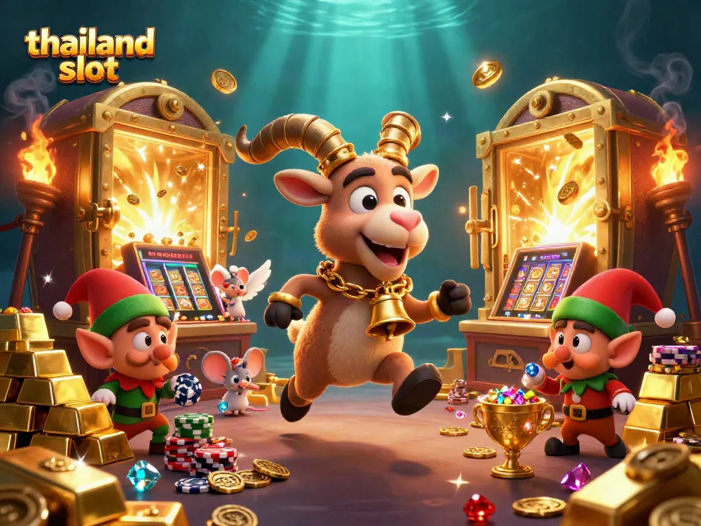 Engage with the thrilling thailand slot scene featuring a playful Krampus goat and mischievous elf gremlins stealing chips.