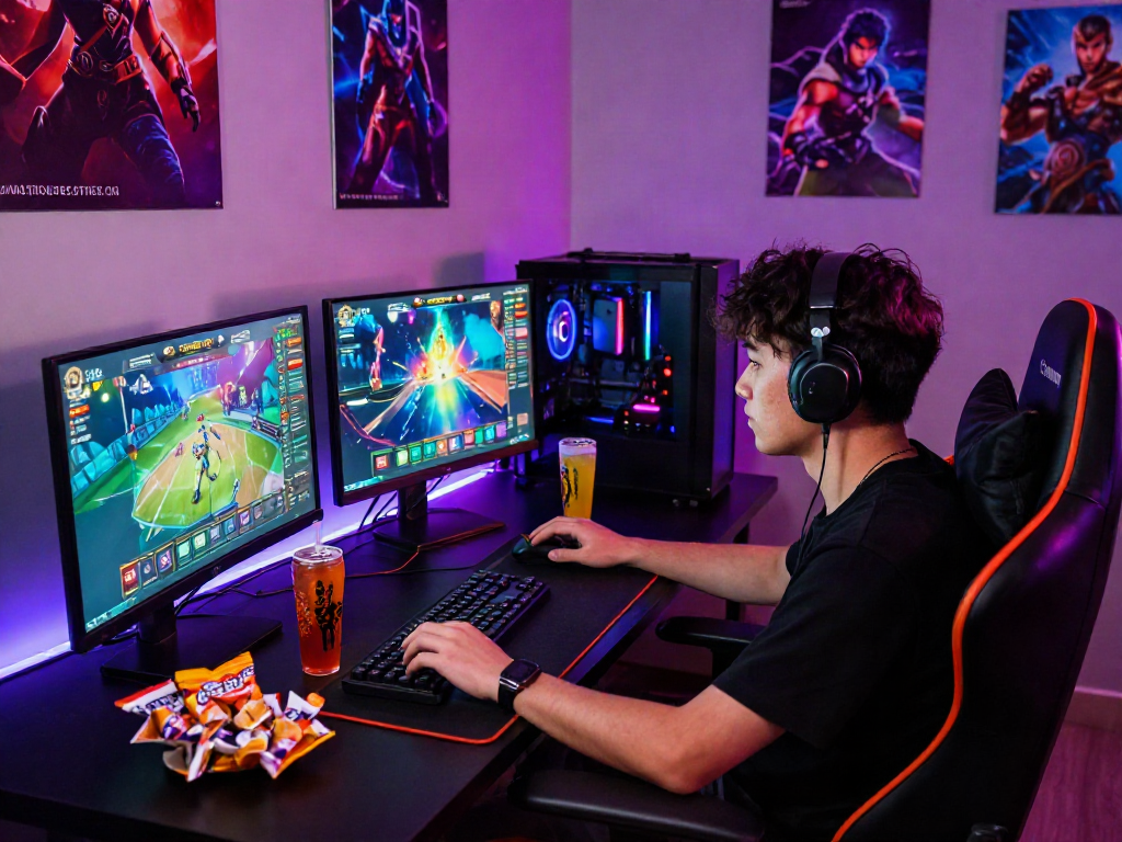 Engaging gamer participating in bandar togel online at a colorful gaming setup.