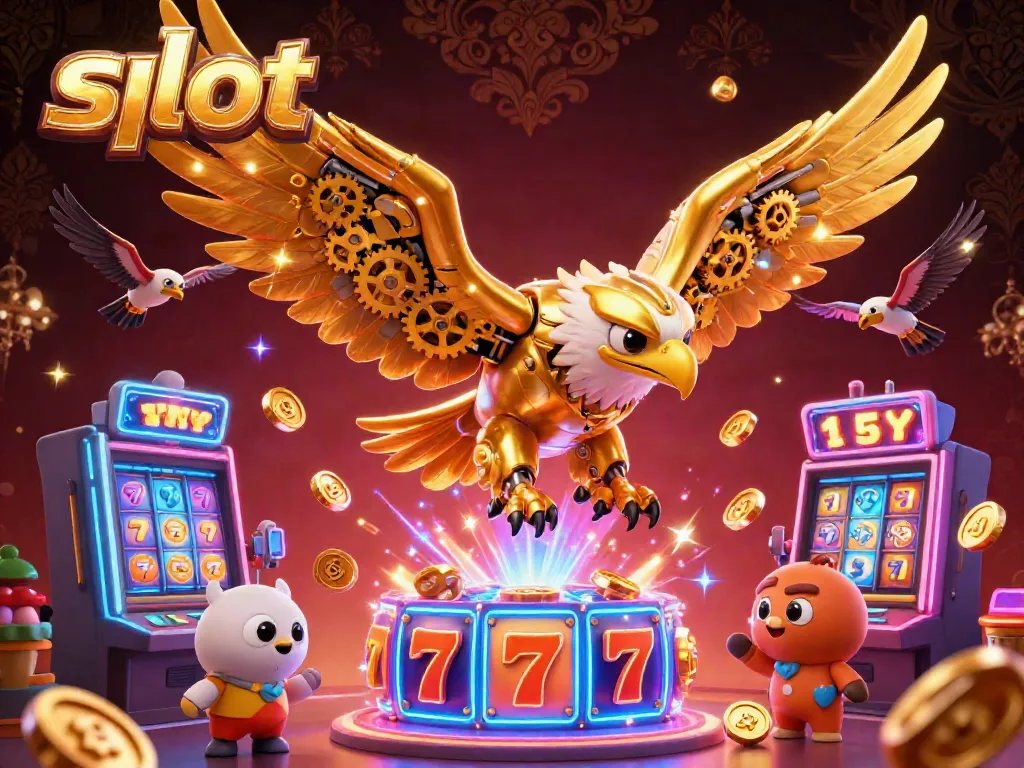 Engage with the excitement of slot machines in a dynamic casino illustration filled with golden eagles and vibrant game elements