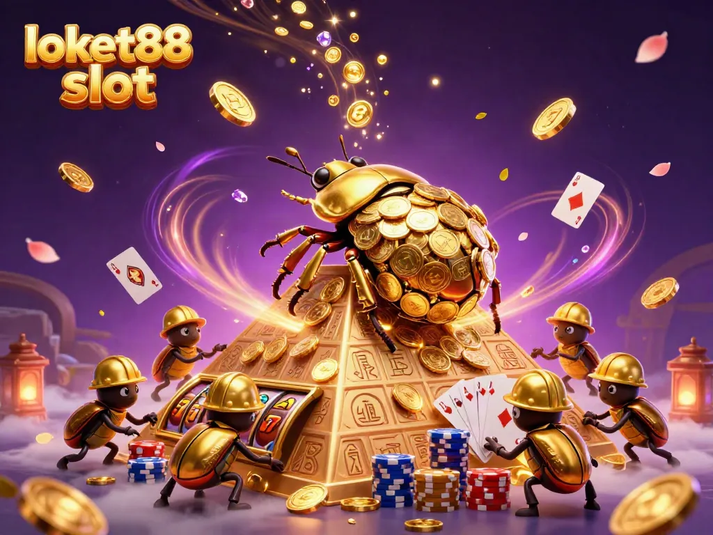 Engage with the vibrant loket88 slot scene featuring golden beetles among cascading coins and slot symbols.