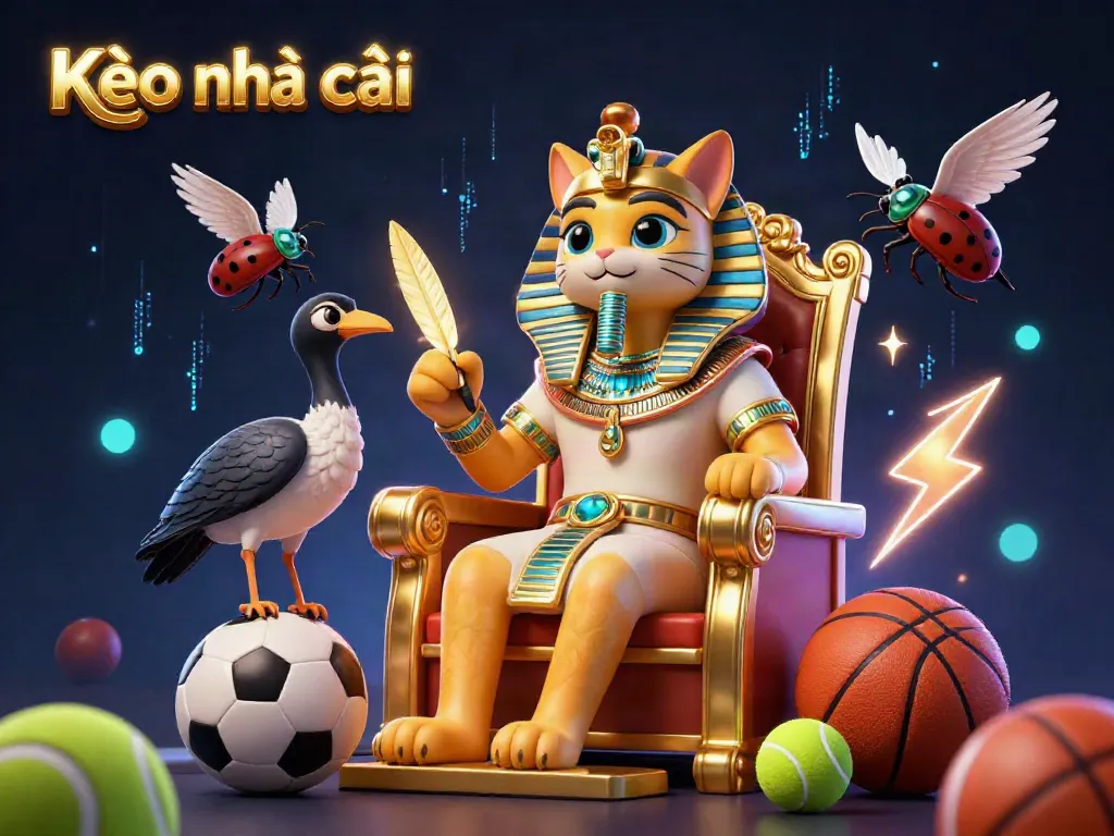 Engage with the exciting Kèo nhà cái scene featuring an Egyptian pharaoh cat, sports balls, and neon effects.