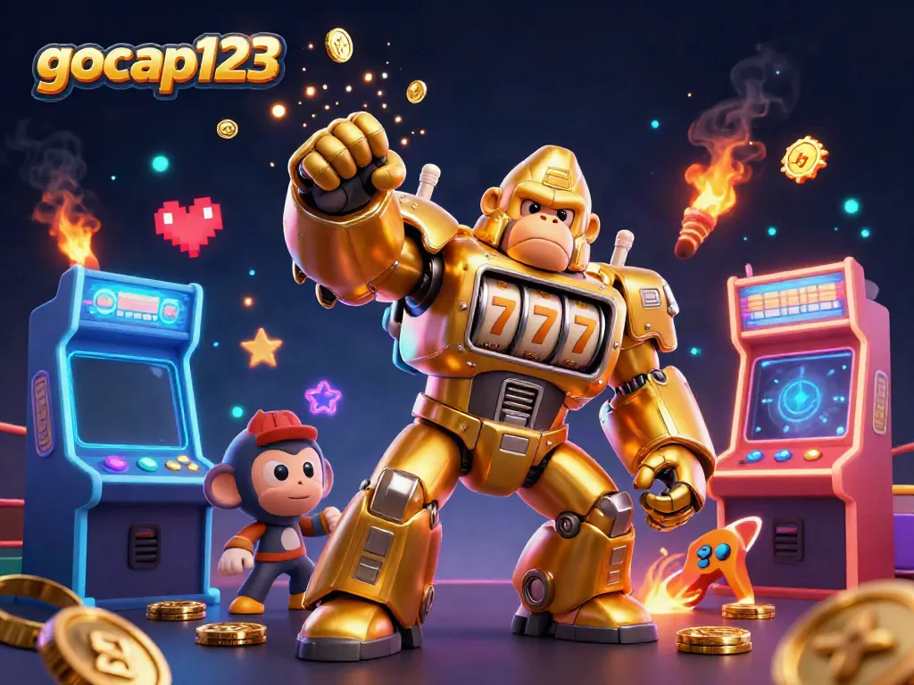 Gocap123 menampilkan gorila emas transformator mech yang beraksi dengan mesin slot, menonjolkan suasana kompetisi game slot.