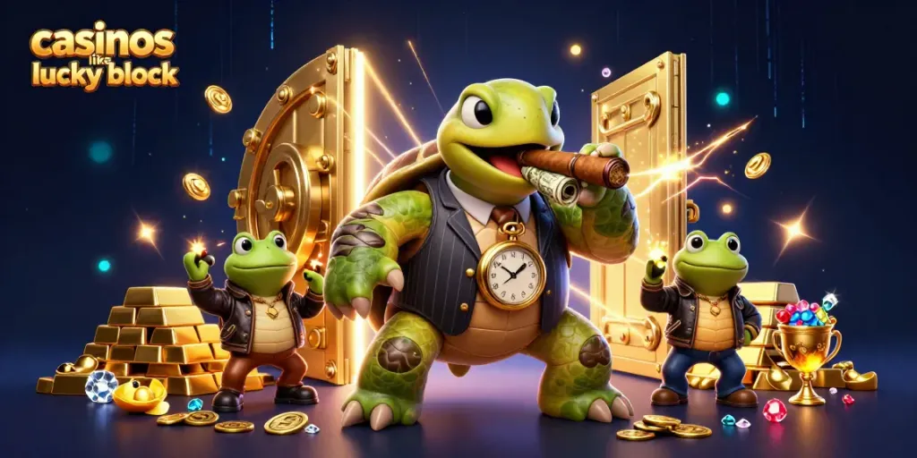 Experience the excitement of casinos like Lucky Block with our engaging 3D illustration featuring vibrant characters and dynamic gaming elements.