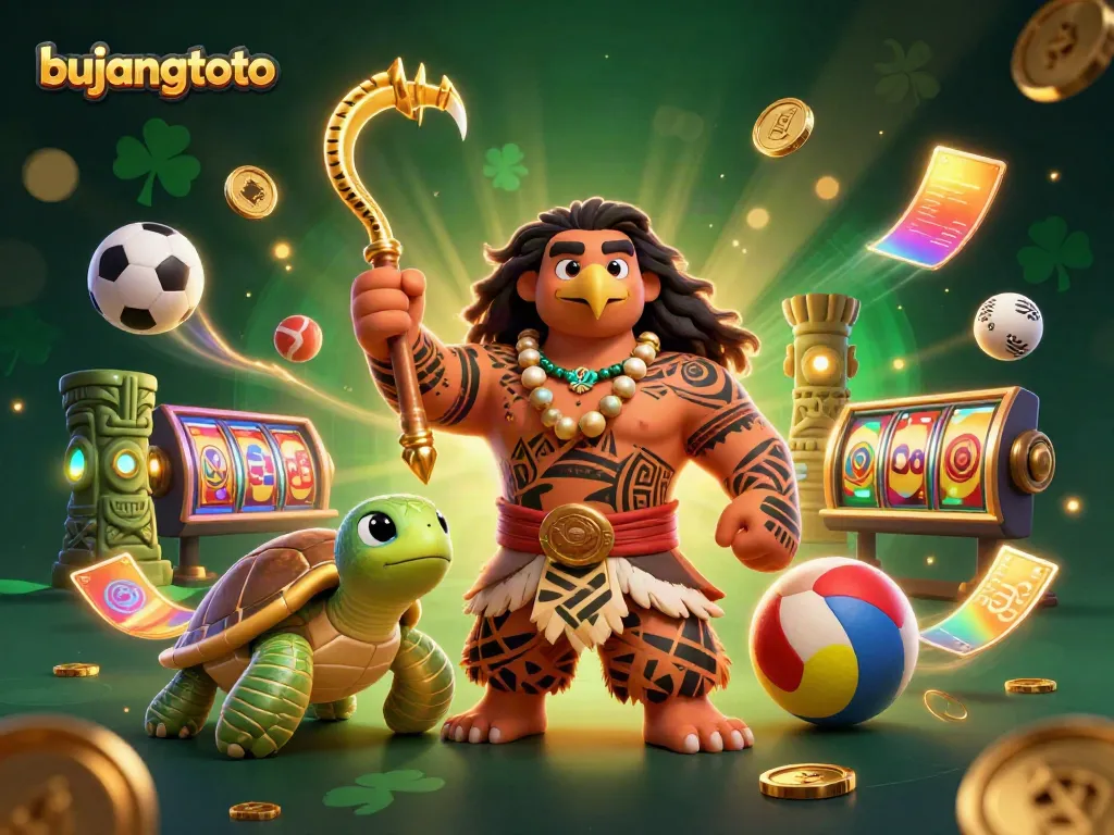 Experience the excitement of a 3D bujangtoto casino scene featuring a hawk demigod, a turtle sidekick, and vibrant slot elements.