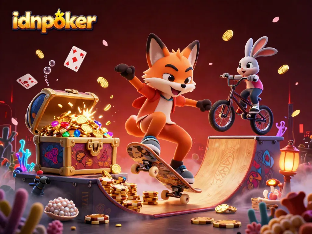 Pemain poker IDNPoker yang sedang beraksi dengan chip dan kartu di latar belakang yang meriah